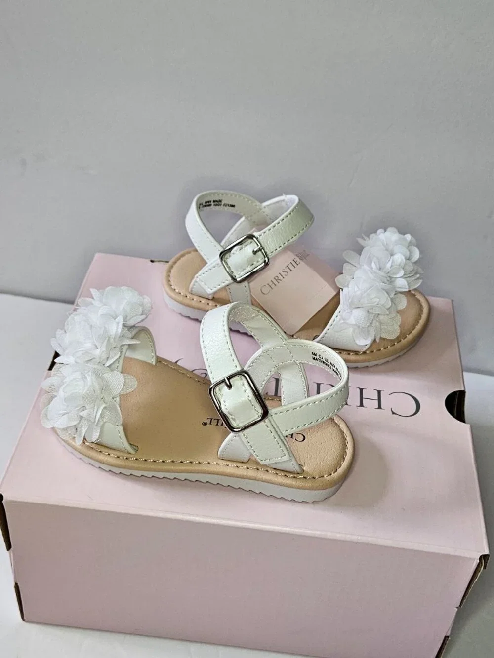 Christie & Jill White Floral Girls Ankle Strap Flat Sandals Toddler Size 5